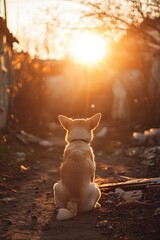 Poster - A dog sitting on the ground watching the sunset, a moment of calm and contemplation