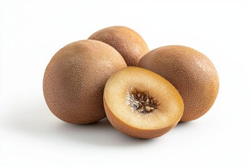 Poster - Fresh and Exotic Gold Kiwi Fruit Bunch on Bright White Background Close up Shot with Half Cut Showing Delicious Seeds