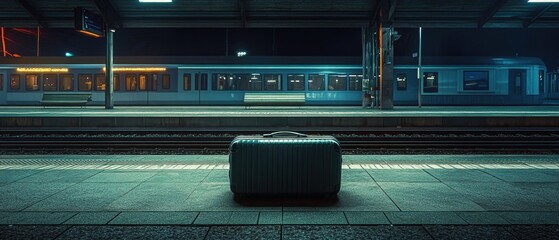 Aufkleber - A suitcase sits alone on a train platform under the night lights, ideal for use in travel or transportation-related contexts