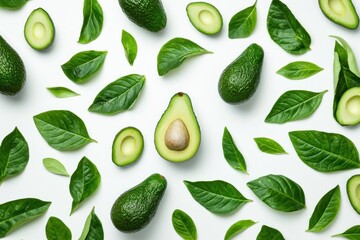 Poster - Fresh Avocado Composition with Green Leaves A Vibrant and Healthful Flat Lay on White Background