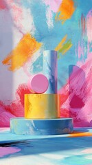 Poster - Vibrant Abstract Geometric Composition with Bold Brush Strokes and Cylindrical Elements for Modern Design