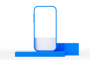 Poster - Minimalist smartphone mockup with a blue frame and white screen on geometric platforms. 3D Rendering