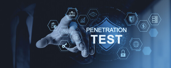 Poster - Hand touching digital icons for penetration test.
