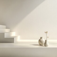 Aufkleber - Interior scene featuring vases stairs and light creating a simple elegant contemporary space with architectural design