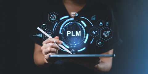 Poster - Person using tablet with PLM interface.