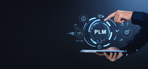 Poster - Hand interacting with PLM interface on tablet.