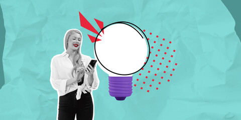 Poster - Creative speech bubble mockup with person holding phone.