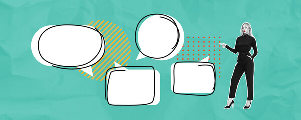 Poster - Empty speech bubbles with a person pointing on a textured turquo