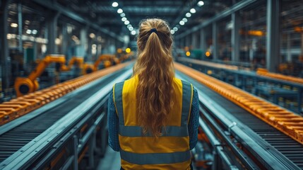 Aufkleber - A worker in a reflective vest monitors an automated assembly line in a large steel and aluminum manufacturing facility. The environment is busy with advanced machinery.