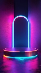 Aufkleber - Cyberpunk platform in neon hues glowing portal backdrop futuristic product stage vibrant pink purple scene