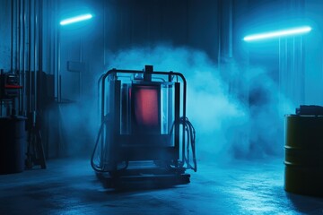 Poster - A smoke machine emitting misty vapor into a darkened room lit by blue LED lights