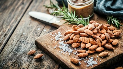 Aufkleber - Almonds served on wooden board with salt and rosemary with a rustic background and natural light