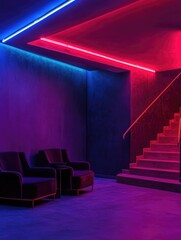 Poster - Neon-lit living room with couch and chair, perfect for modern home decoration or urban-themed project