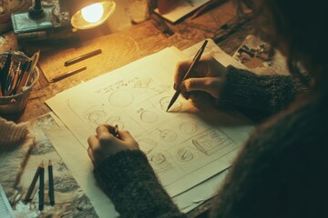 Poster - A person sketching on a sheet of paper, possibly artistic or creative activity