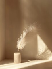 Aufkleber - Minimalist feather in sunlight beige backdrop casting soft shadows home decor modern abstract art serene atmosphere
