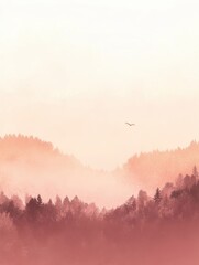 Aufkleber - Serene morning mist over the forest landscape with a soaring bird in warm light artistic scenery