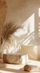 Aufkleber - Minimalist Stone Podium Display with Palm Leaf and Natural Light for Product Showcase and Beauty Display