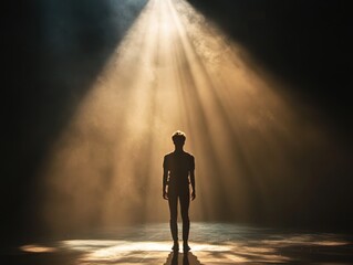 Poster - A person standing on a stage with a spotlight shining down