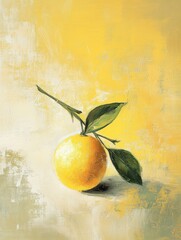 Aufkleber - Fresh Orange Still Life Oil Painting with Yellow Tones and Green Leaves Simple Clean Background