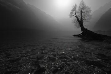Poster - A black and white photo of a tree standing in the middle of a peaceful lake