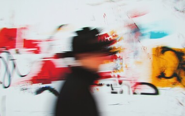 Poster - Abstract Blurred Figure Walking Past Graffiti Wall
