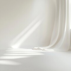 Fototapete - Soft White Curtain Draping in Sunlight Serene Indoor Studio Setting with Empty Space for Mockups Calmness