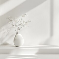 Aufkleber - Serene Still Life with Gypsophila in Vase on Minimalist Shelf White Palette and Soft Shadow Play Interior View