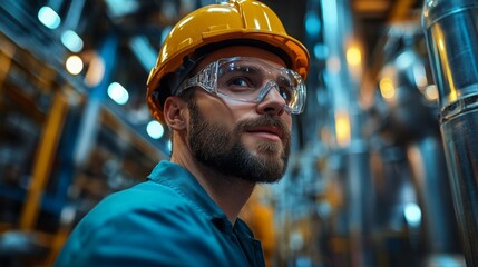 Aufkleber - A skilled worker in a refinery is wearing safety gear, showing focus while monitoring the automated processes involved in petrochemical synthesis and processing operations.