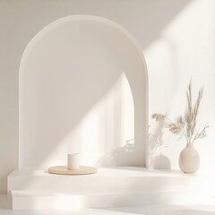 Poster - Minimalist composition showcasing a white vase dried foliage on an arch sunlight casting soft shadows on walls