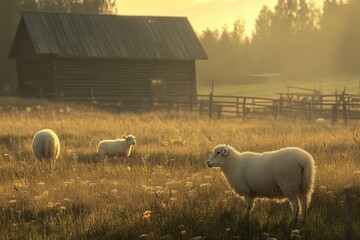 Poster - A group of sheep standing on a lush green meadow, ideal for rural or agricultural backgrounds