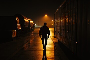 Poster - A person walking down a city street with a train passing by