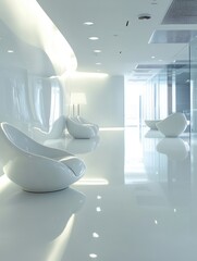 Aufkleber - Sleek White Futuristic Lobby Interior with Modern Egg Shaped Chairs and Glass Walls with Great Light