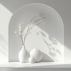 Poster - Serene white interior with blossom branch in vase and spherical shapes elegant minimalist style