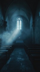 Poster - A dark church interior with a light source coming from a single window