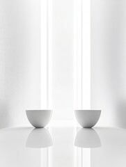 Aufkleber - Minimalist Composition Two White Bowls on a Reflective Surface with Natural Light and Elegant Design for Studio Mockup