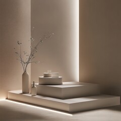 Aufkleber - Elegant Beige Still Life Featuring Podium Vases and Minimalist Plant against Textured Wall Backdrop
