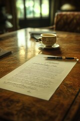 Poster - A pen sits on top of a wooden table next to a piece of paper, ready for writing or drawing