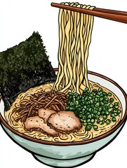 Poster - Delicious ramen topped with pork and fresh ingredients served with chopsticks