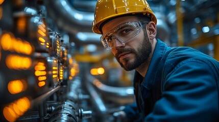 Poster - A technician wearing safety goggles and a hard hat inspects control panels in a petrochemical refinery. The complex machinery is active, displaying bright orange indicators.