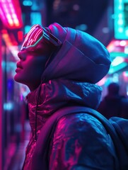 Poster - A woman wearing sunglasses and a jacket in a vibrant cityscape