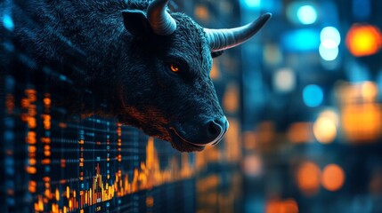 Fototapete - A powerful bull is depicted next to dynamic trading graphs, showing market trends and financial data. The setting is illuminated by bright urban lights, creating an energetic atmosphere.