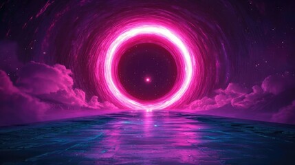 Aufkleber - Dark sky concept. A vibrant pink circular portal reflected in serene waters under a cosmic sky.