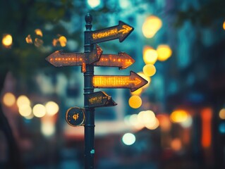 Poster - A street sign with multiple lights illuminating the night cityscape, suitable for urban or nighttime scenes