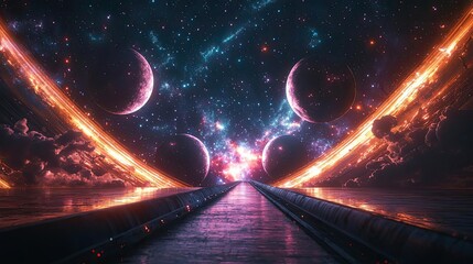 Aufkleber - Dark sky concept. A vibrant cosmic landscape with colorful planets and glowing celestial elements.