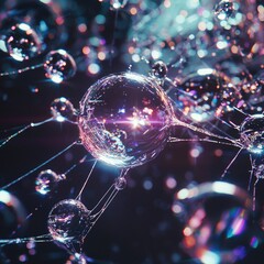 Close-up of delicate water droplets on an intricate web, reflecting colorful light. Abstract glowing bokeh background. Generative AI.