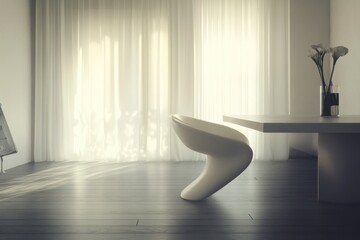 Poster - A simple setting with a white chair and table in a room, perfect for illustrations or decorative purposes