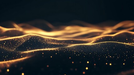 Poster - Abstract golden waves with glowing particles on a dark background.