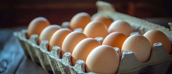 Poster - A carton of eggs sitting on a wooden table