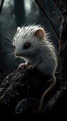 Poster - A close-up shot of a white rat sitting on the top of a tree branch, looking around