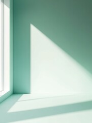 Poster - Serene Minimalist Interior Wall in Tranquil Green with Play of Sunlight and Shadow Casting a Peaceful Mood